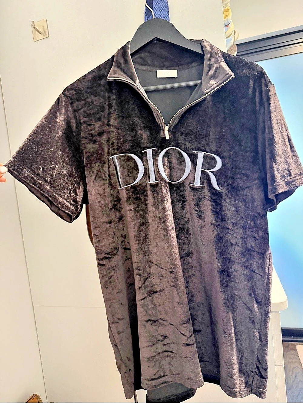 Dior Velvet Half-Zip Logo Polo Shirt Black Large